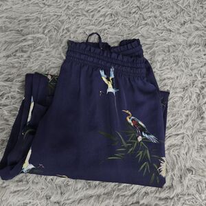 Zara Navy Wide-Leg Pants with Tropical Bird Print